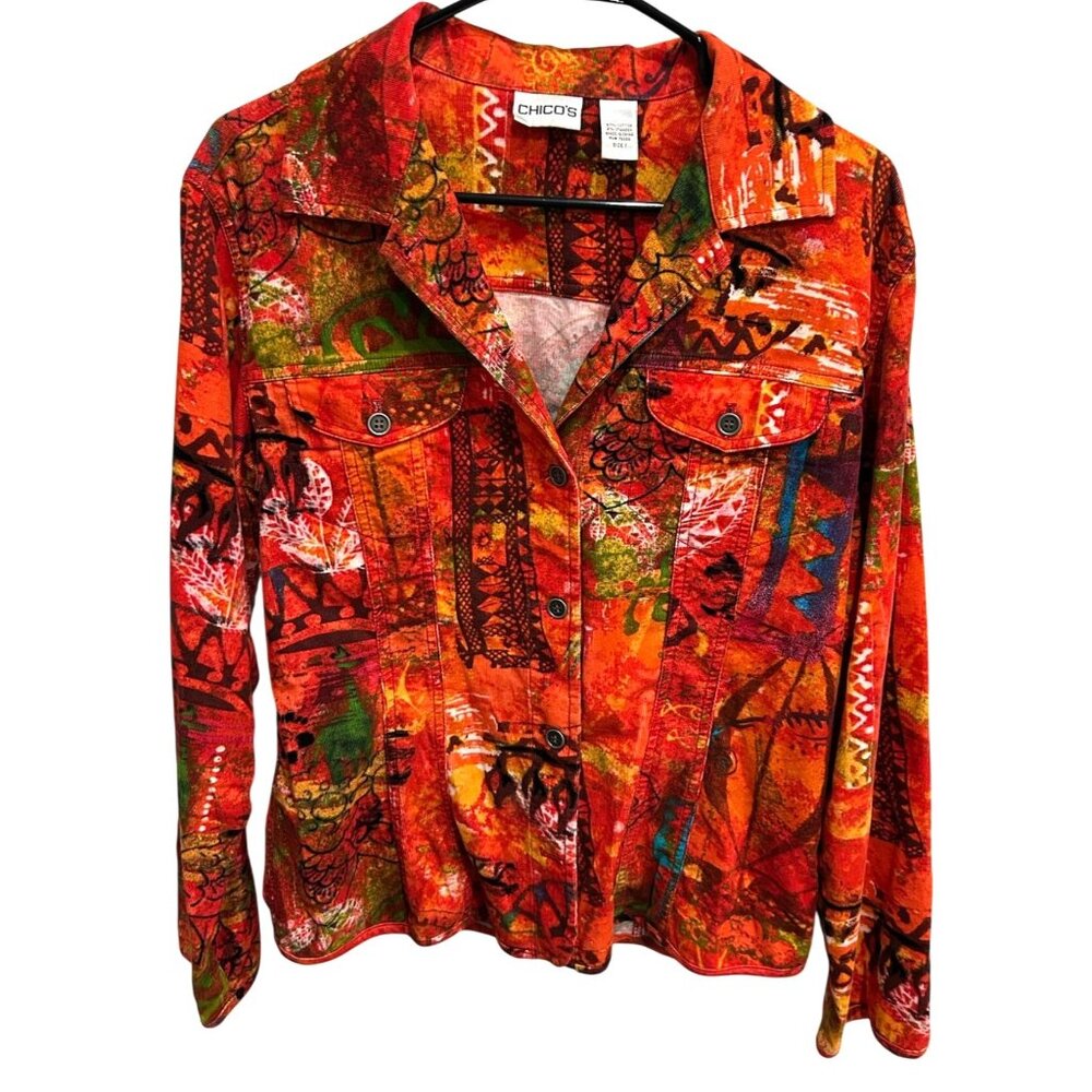 Chicos Multicolor Abstract Design Corduroy Jacket Button-Down Sz Medium